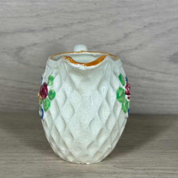 Vintage Japanese Creamer Pitcher With Floral Design & Textured Diamond Pattern - Picture 4 of 9